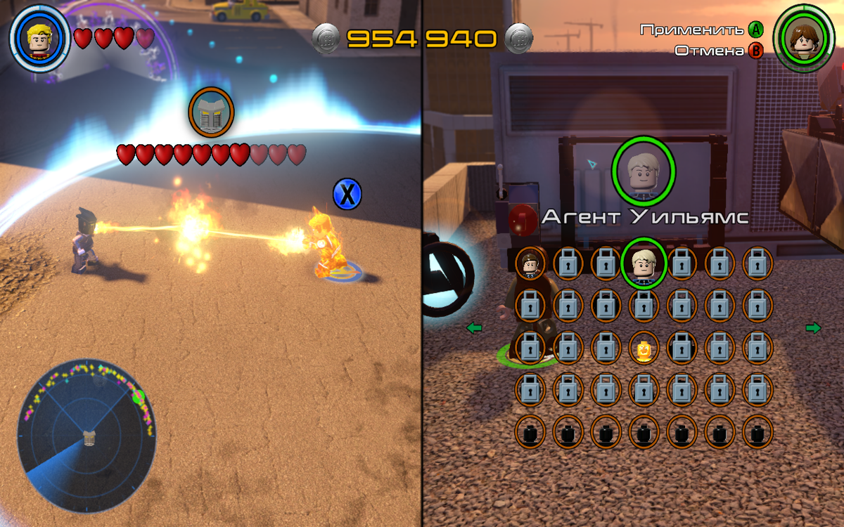 LEGO Marvel Avengers (Windows) screenshot: P1 is having a duel (button-mashing) and P2 is selecting the character