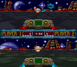 Space Football: One on One (SNES) screenshot: 2 player split screen match