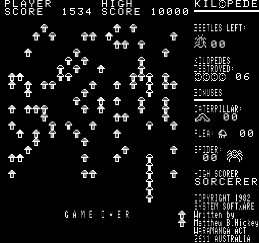 Kilopede (Exidy Sorcerer) screenshot: Game over