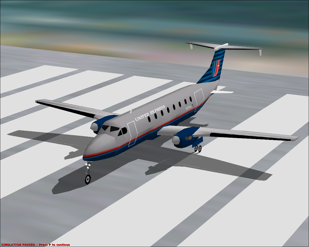 Apollo Collection 4: Business Jets (DOS) screenshot: United Express Beechcraft 1900C in FS2000. The conversion sometimes causes errors in the external model, like the cockpit windows seen here.
