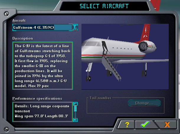 Apollo Collection 4: Business Jets (DOS) screenshot: Aircraft selection for Gulfstream IV in FS2000. The model and others show a stair by the open door, but I've not seen any such in the converted models.