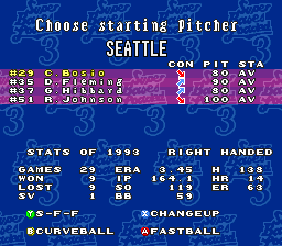 Super Bases Loaded 3: License to Steal (SNES) screenshot: Choosing a starting pitcher