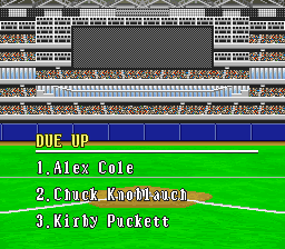 Super Bases Loaded 3: License to Steal (SNES) screenshot: A preview of the batters due up for the bottom of the first