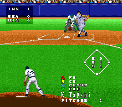 Super Bases Loaded 3: License to Steal (SNES) screenshot: Swing and a miss
