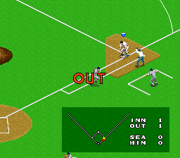 Super Bases Loaded 3: License to Steal (SNES) screenshot: Out at first base