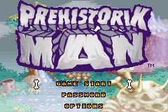 Prehistorik Man (Game Boy Advance) screenshot: Title screen and main menu