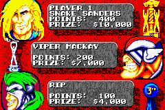 Rock n' Roll Racing (Game Boy Advance) screenshot: The results of first through third. Fourth place doesn't count.