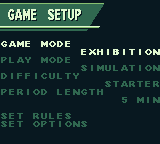 NBA Live 96 (Game Boy) screenshot: Game setup menu
