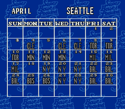 Super Bases Loaded 3: License to Steal (SNES) screenshot: The schedule calendar