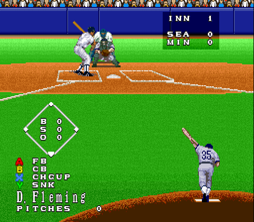 Super Bases Loaded 3: License to Steal (SNES) screenshot: Pitching is done from the same viewpoint as when the player bats