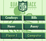 NFL Quarterback Club (Game Boy) screenshot: Will you play as Cowboys or Bills and who is home and away?
