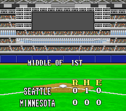 Super Bases Loaded 3: License to Steal (SNES) screenshot: The box score for the middle of the inning