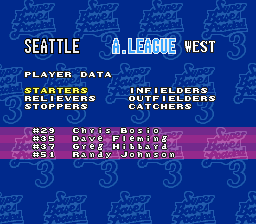 Super Bases Loaded 3: License to Steal (SNES) screenshot: Viewing a team's roster