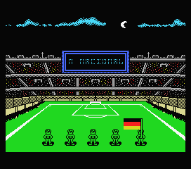 Mundial de Fútbol (MSX) screenshot: Five members of each team walk out with their flag while their national anthem plays. This is Alemania (Germany)