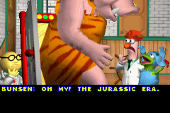 The Muppets: On with the Show (Game Boy Advance) screenshot: The time machine yielded a giant pig from the Jurassic Era.