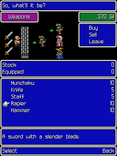 Final Fantasy (J2ME) screenshot: Buying some weapons