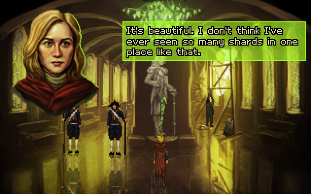 Shardlight (Windows) screenshot: Amy comes to the Ministry to receive her vaccine lottery ticket as payment for the job she has done.