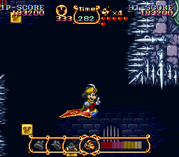 The Magical Quest Starring Mickey Mouse (SNES) screenshot: Flying through spikes.