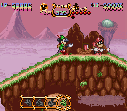 The Magical Quest Starring Mickey Mouse (SNES) screenshot: ... as well as attack: Here he is stealing a shield.