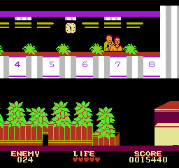 Crime Busters (NES) screenshot: The bandits are holding hostages behind the counters.