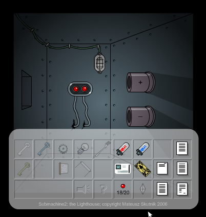 Submachine 2: The Lighthouse (Browser) screenshot: The inventory is opened by moving the mouse cursor to the bottom of the game window.