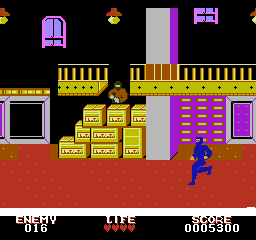 Crime Busters (NES) screenshot: Stage two: in the warehouse, shooting ninjas.