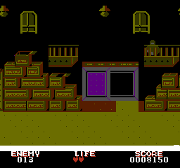 Crime Busters (NES) screenshot: Shooting the lamps will diminish the light in the warehouse.