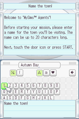 MySims: Agents (Nintendo DS) screenshot: Here you can give the name of your own town