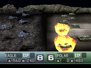Nectaris: Military Madness (PlayStation) screenshot: Battle sequences may also be switched to a side view