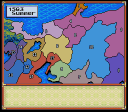 Nobunaga's Ambition (SNES) screenshot: Here is how the political map looks as of the summer of 1563.