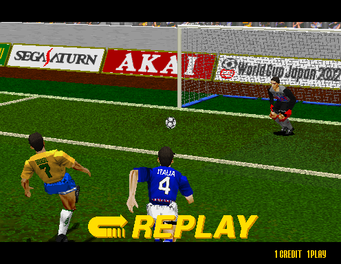 Virtua Striker (Arcade) screenshot: Showing a replay