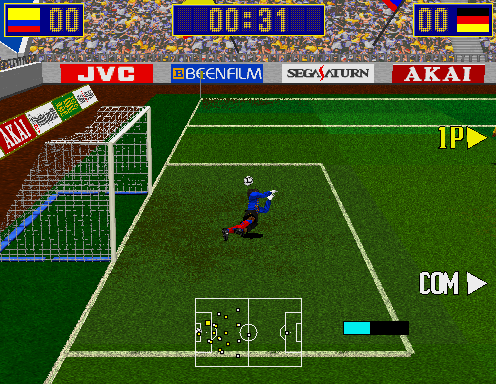 Virtua Striker (Arcade) screenshot: Keeper attempting a save