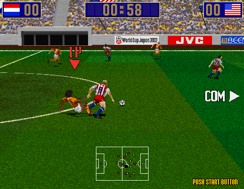 Virtua Striker (Arcade) screenshot: Seemingly clumsy tackle