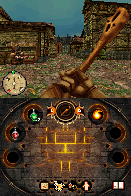 Fighting Fantasy: The Warlock of Firetop Mountain (Nintendo DS) screenshot: taking a few practice swings in town.
