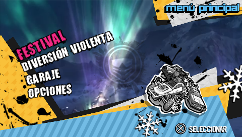 MotorStorm: Arctic Edge (PSP) screenshot: Select Festival, Violent races, Garage or Options