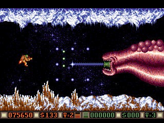 Blood Money (Amiga) screenshot: Planet 3, the third planetary guardian is the easiest, first shoot the blobs on its back