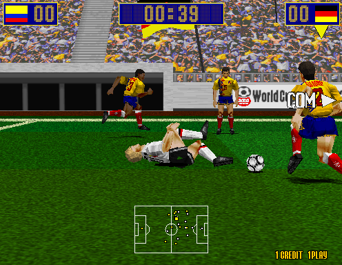 Virtua Striker (Arcade) screenshot: Player laying down in pain