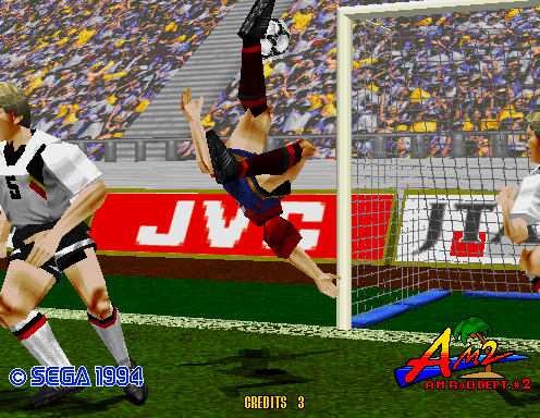Virtua Striker (Arcade) screenshot: Attract mode: striker scoring with a bicicleta