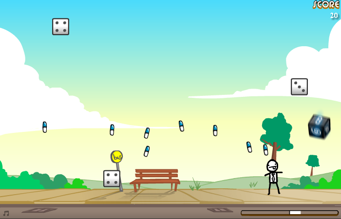 Death Dice Overdose (Browser) screenshot: Evade the dices and collect the pills.