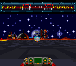 Space Football: One on One (SNES) screenshot: The goal zone is in sight