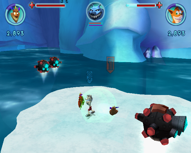 Crash: Mind over Mutant (PlayStation 2) screenshot: The second player can switch to Aku-Aku mode and shoot chicken. Yeah...