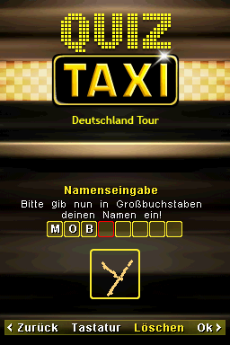 Quiz Taxi (Nintendo DS) screenshot: You can enter your name letter by letter with the stylus.