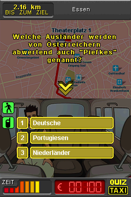 Quiz Taxi (Nintendo DS) screenshot: Question: "Which group of foreigners is deprecatingly called "Piefkes" by the Austrians?" We have to answer before the time in the lower left corner runs up.