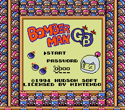 Bomber Man GB (Game Boy) screenshot: Title screen and main menu (Super Game Boy)