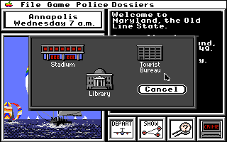 Where in the U.S.A. Is Carmen Sandiego? (Apple IIgs) screenshot: Choose where to go to look for clues.