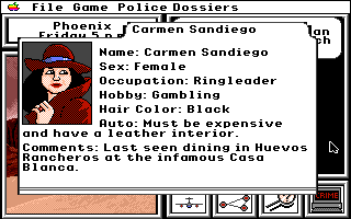 Where in the U.S.A. Is Carmen Sandiego? (Apple IIgs) screenshot: Carmen's dossier.