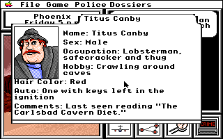 Where in the U.S.A. Is Carmen Sandiego? (Apple IIgs) screenshot: Titus Canby's dossier.