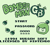 Bomber Man GB (Game Boy) screenshot: Title screen and main menu