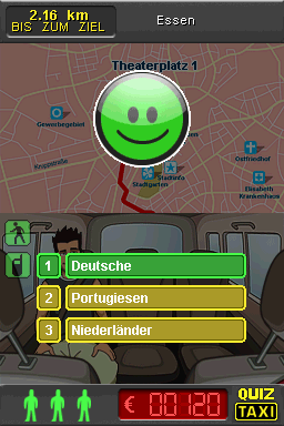 Quiz Taxi (Nintendo DS) screenshot: ... correct answer: The Germans! At the bottom of the screen you can see our three lives and the money we've won so far.