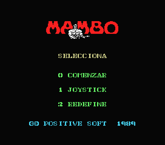 Mambo (MSX) screenshot: Title screen and main menu